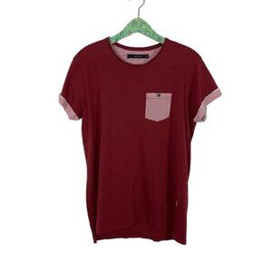 19 Ninety One Cotton On Burgundy Striped Pocket T Shirt Cuffed Sleeve Casual L